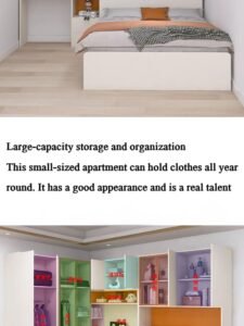 Customizable kids' bed manufactured for export, showing the integration of the tatami bed frame, wardrobe storage, and a multi-functional homework desk.