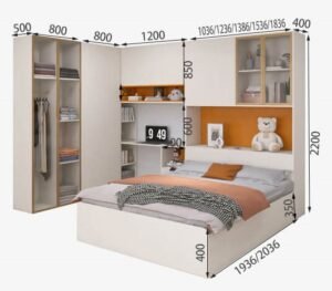 Custom-made combination bed with a low tatami bed, a full-height wardrobe, and an integrated multi-functional desk for a small bedroom.