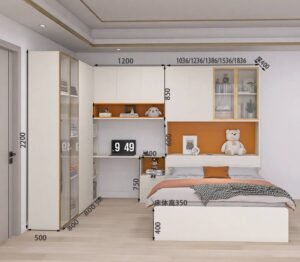 Modern white board furniture children's bed combining a tatami-style sleeping area, a wardrobe with hanging space, and a desk with shelves.