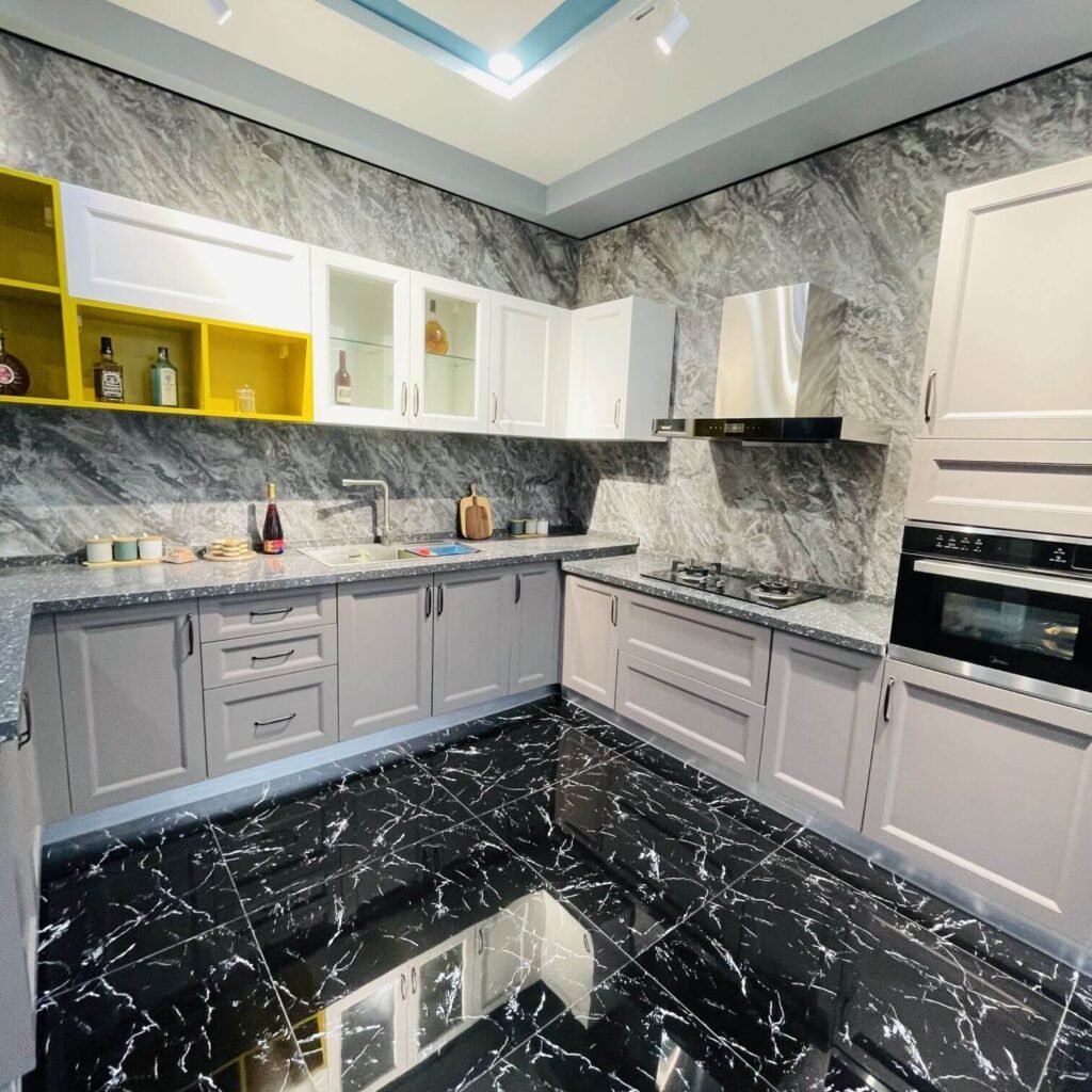 Custom plywood kitchen island showcasing natural wood grain and minimalist design in a modern kitchen setting.