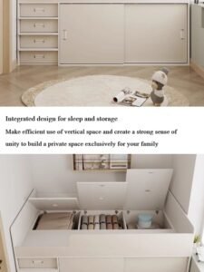 Compact kids' storage bed and cabinet combo in a princess theme, ideal for a small apartment bedroom.