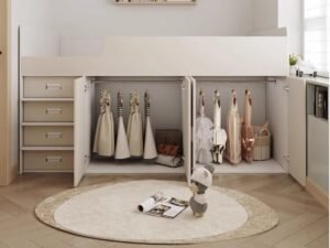 Kids loft bed with drawers and cabinet front view