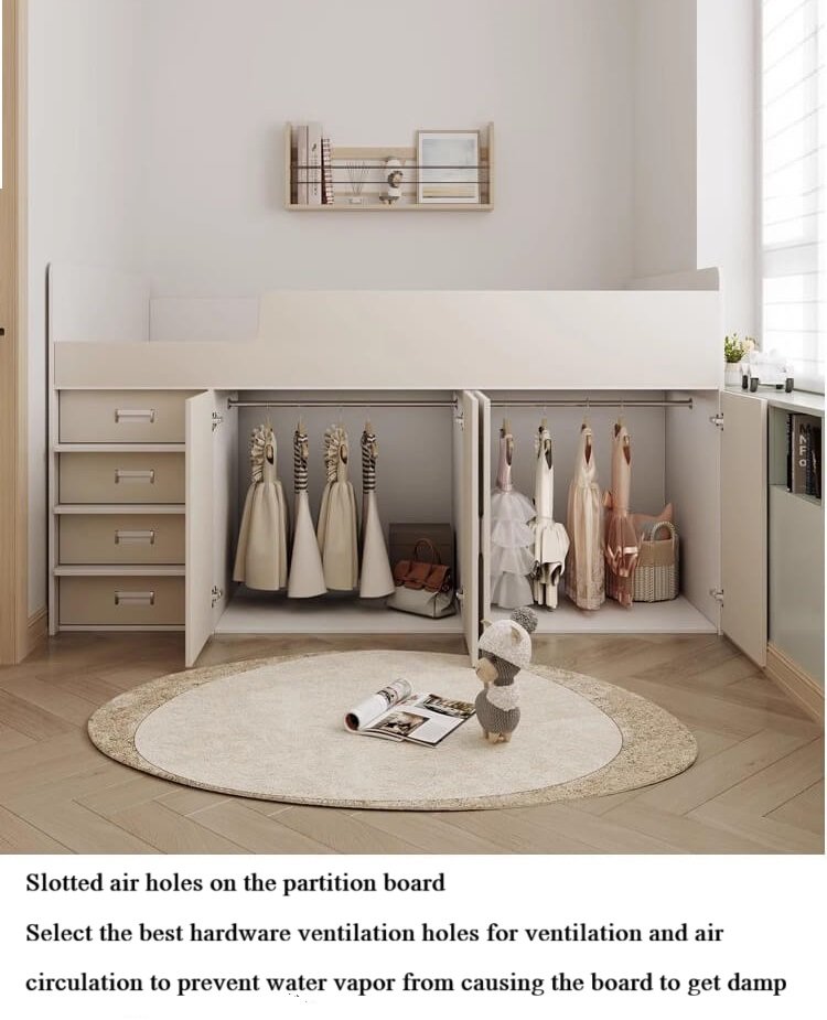 Kids loft bed with drawers and cabinet front view