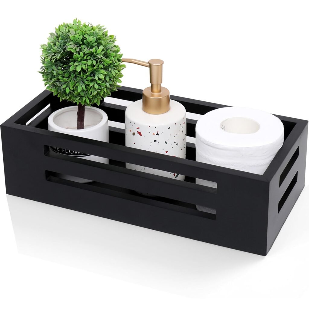 Stylish bathroom storage using baskets and decorative boxes for organization and decor.