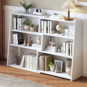Close-up of adjustable shelves in modern Scandinavian bookcase with engineered wood construction