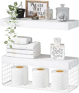 Floating shelves in a modern bathroom, showcasing an elegant storage solution