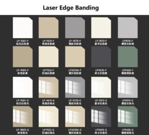 Close-up of laser edge banding process on MDF board creating seamless waterproof joint for furniture
