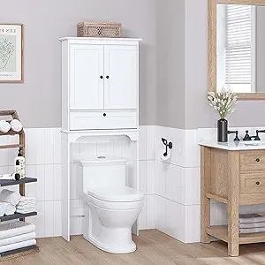 Over-the-toilet storage unit in a small bathroom with shelves for towels and toiletries.