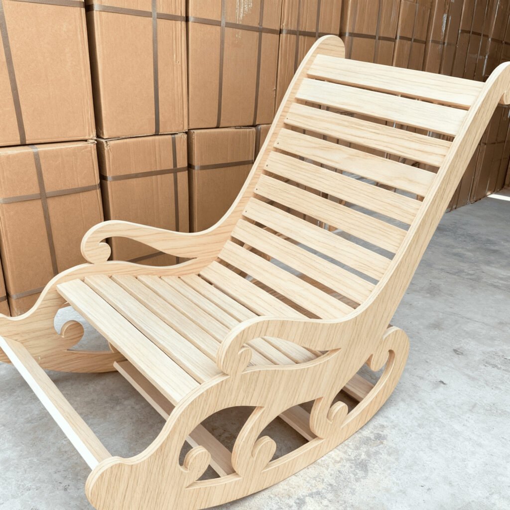 Three custom rocking chairs in different colors and fabrics.