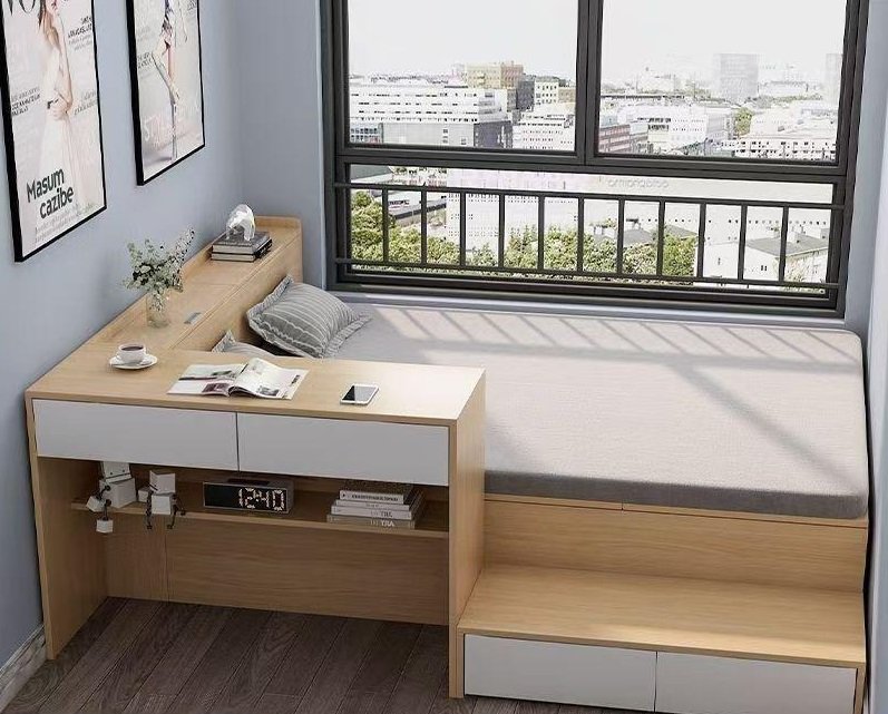 Multifunctional space-saving bed unit featuring a sleeping area, a study desk, and large storage cabinets.