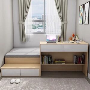 Contemporary low-profile tatami platform bed with integrated desk and storage drawers by the window.