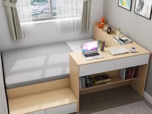 bay window panel bed with study desk and wardrobe in modern apartment