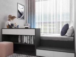 Space-saving loft bed with an integrated study desk and bookshelf headboard.