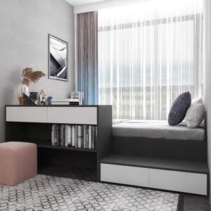 Space-saving loft bed with an integrated study desk and bookshelf headboard.