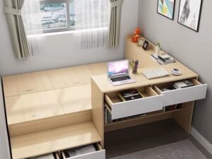 bay window modern bed with storage and desk for small room