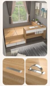 Versatile multifunctional tatami platform serving as a bed, desk, and storage system in a modern room.