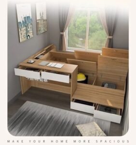 window seat storage bed with pull out drawers under platform，Sturdy panel storage bed with a built-in desk and bookshelf headboard for maximum organization.