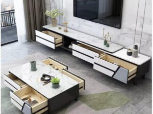 Premium multi layer board TV cabinet with chest of drawers for living room storage.close up of plywood tv bench wood grain and soft close doors.Living room storage chest of drawers with antique and modern styles, offering versatile organization solutions.