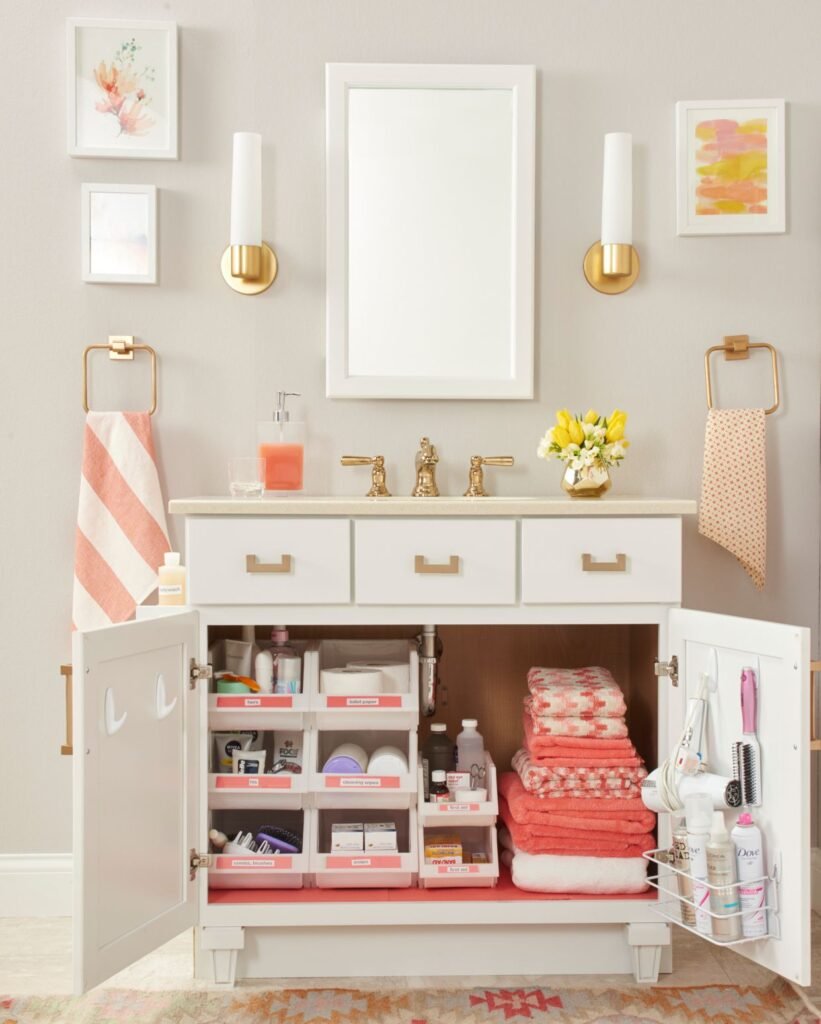 Customized under-sink storage cabinet with neatly organized cleaning products and toiletries in a small bathroom.