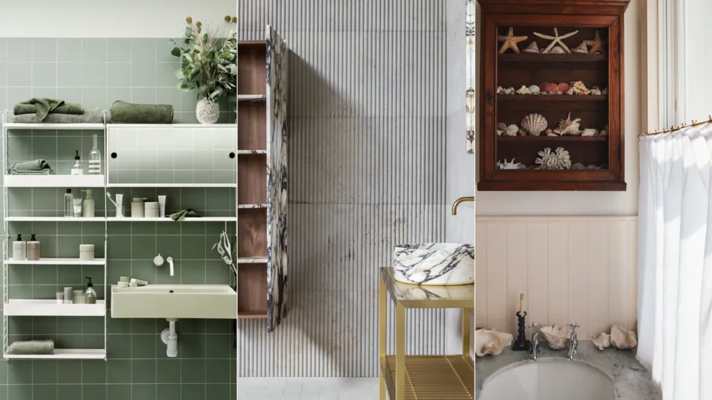 Vertical wall storage cabinet in a small bathroom, efficiently using wall space to store towels and toiletries.