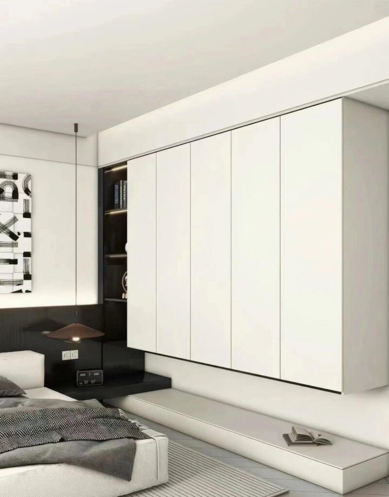 Factory production of a contemporary wooden side cabinet.