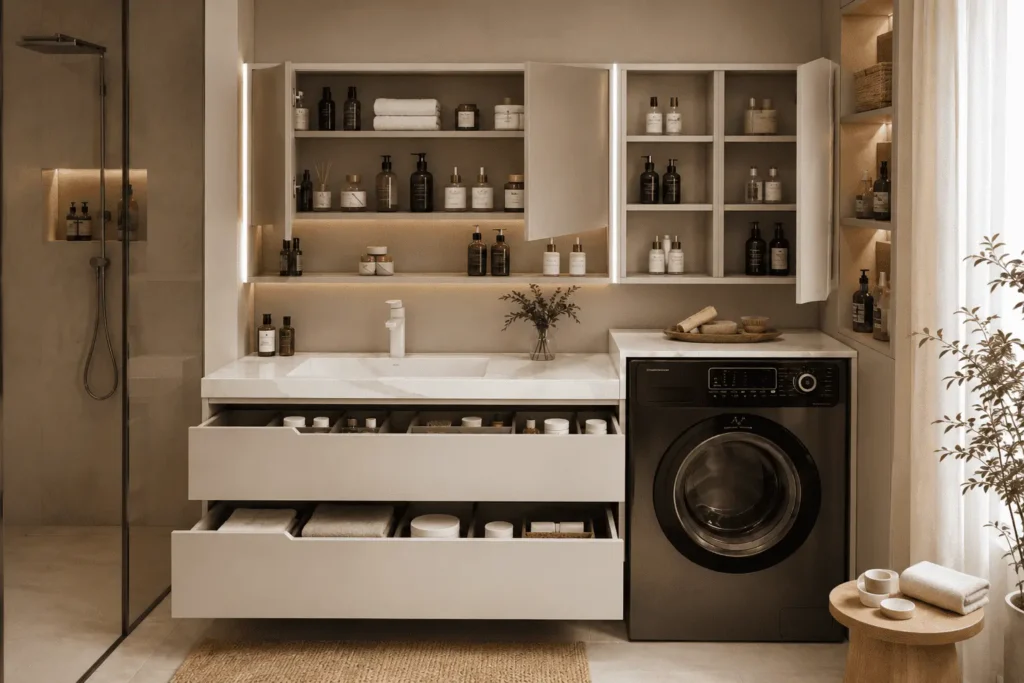 Bathroom laundry cabinet with open storage drawers and shelves
