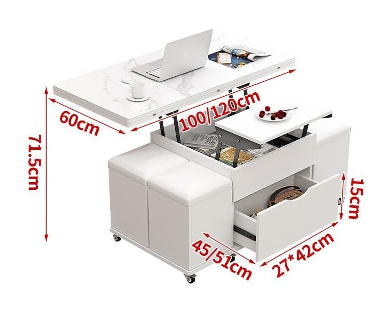 Smart rock plate coffee table with lift-up top and hidden foldable storage, styled in a minimalist modern living room.