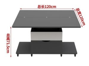 Functional living room table with a lift-up mechanism and hidden storage.