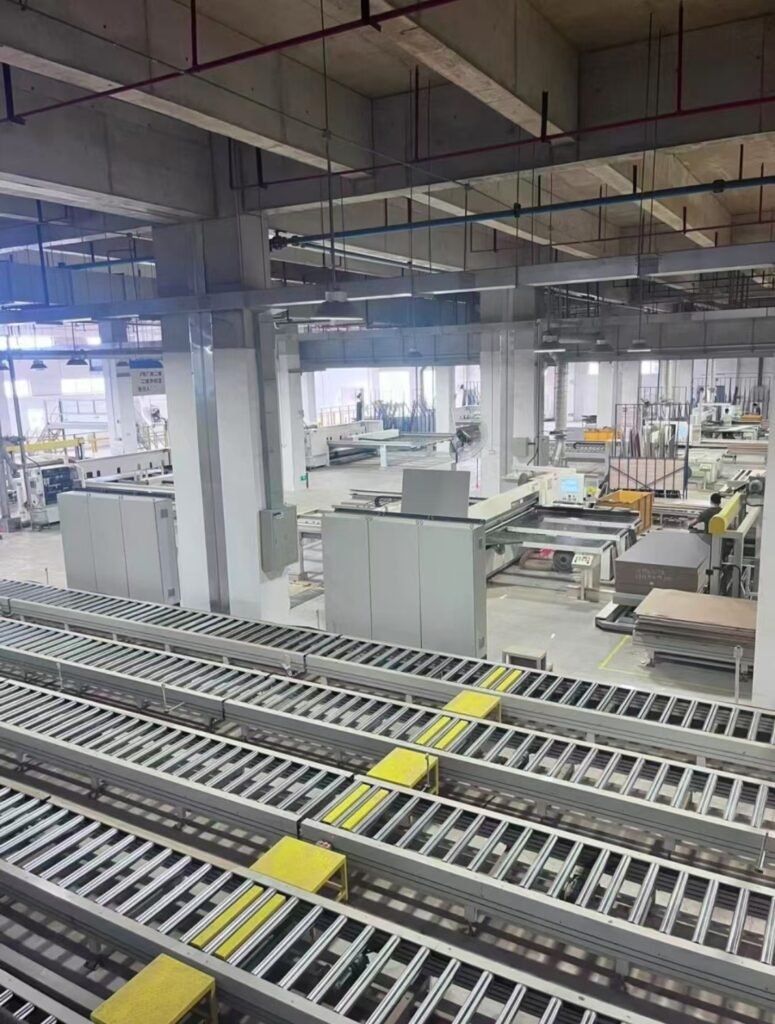 Quality control inspection of MDF board edges in furniture manufacturing warehouse