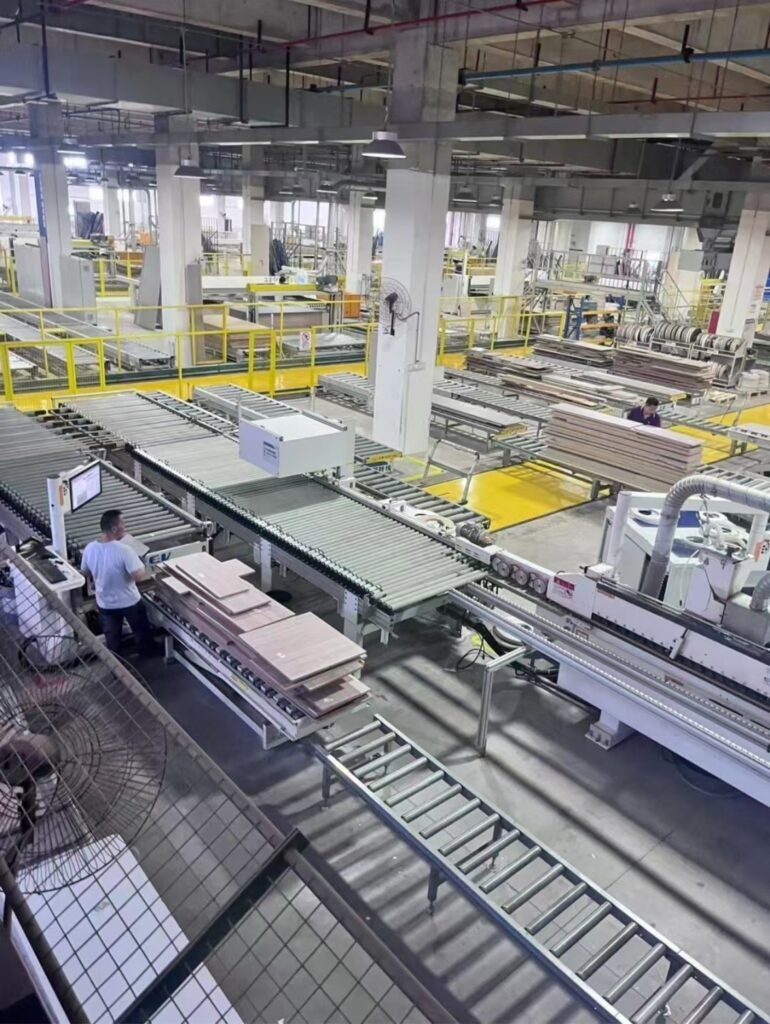 Furniture production line at our factory, assembling custom bedroom sets and storage solutions.