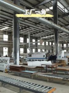 Panel material storage warehouse with organized stacks of plywood, OSB, MDF and particle board