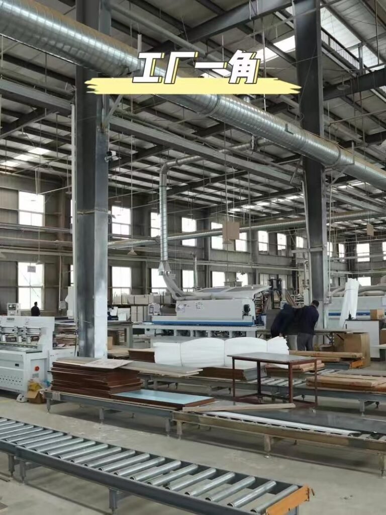 Panel material storage warehouse with organized stacks of plywood, OSB, MDF and particle board