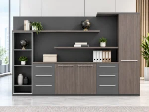 Heavy duty office bookcase with engineered wood panels, open shelves, drawers and storage cabinets in a modern gray wood grain finish