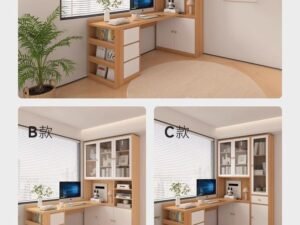 Small office desk with bookcase ideal for compact spaces and efficient work