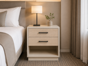 Hotel bedside cabinet in a modern hotel bedroom