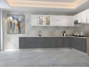 Premium white shaker RTA kitchen cabinets in a modern kitchen.Assembled and packed ready-to-assemble RTA kitchen cabinet for export.