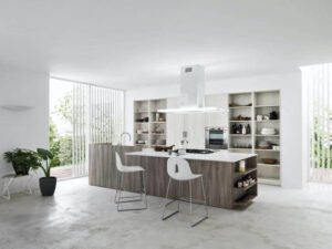 Premium white shaker RTA kitchen cabinets in a modern kitchen.Contemporary handle-less kitchen cabinet design, European E1 standard particle board.