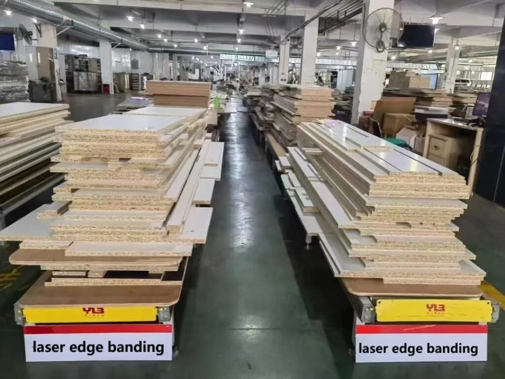 Extreme close-up of flawless laser edge banding on white MDF board, showcasing invisible seam and integrated finish