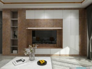 Transitional hybrid TV stand with mixed wood and solid color panels.Multi-layer board TV cabinet with antique wooden finish in living room.Modern and antique living room furniture like TV stands and storage chests, crafted for export quality.