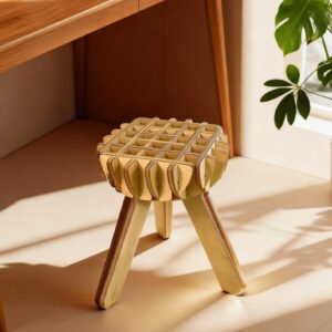 Lotus Shaped Tea Table with a natural wood finish in a modern living room setting.