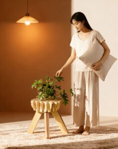 Modern Lotus Shaped Coffee Table in a stylish living room with a sofa and rug.