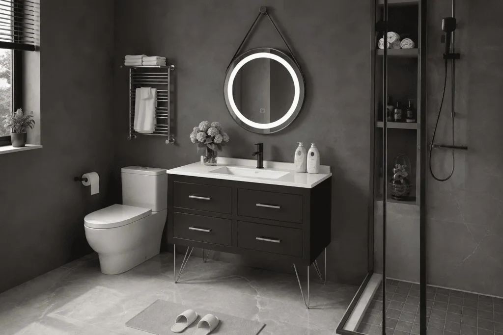 Modern black bathroom vanity with four drawers and white sink top