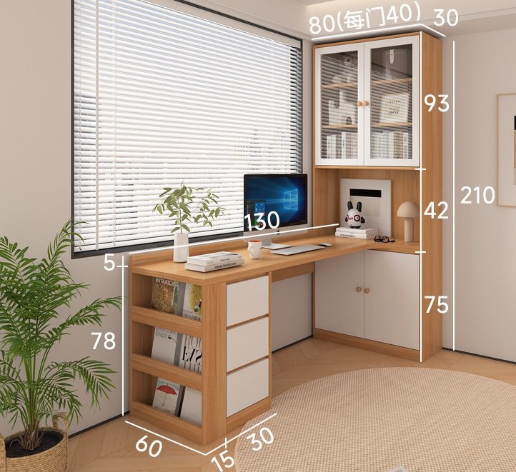 Modern home office desk with integrated bookshelf made from multilayer board, showcasing natural plywood texture and smart storage design.