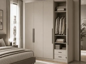 OSB bedroom wardrobe with beige finish and customizable interior storage