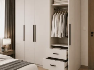 Particle board bedroom wardrobe with smooth decorative finish and open interior storage in modern bedroom