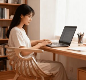 detail of curved molded plywood chair edge and veneer.Alternative Text: Set of 4 Stackable Dining Chairs with Plastic Shell Design