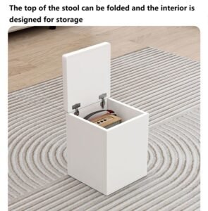 The top of the stool can be folded and the interior is designed for storage