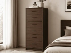 Tallboy chest of drawers with walnut-look panel finish in a modern bedroom
