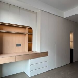 Modern slat wall wardrobe with plywood interior, spacious bedroom storage cabinet