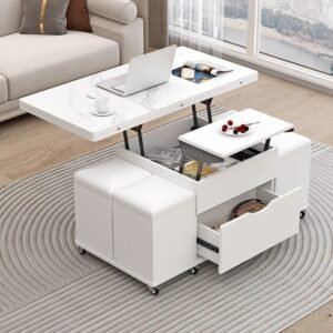 Multi-functional rock plate coffee table with lift-up top and foldable storage.
